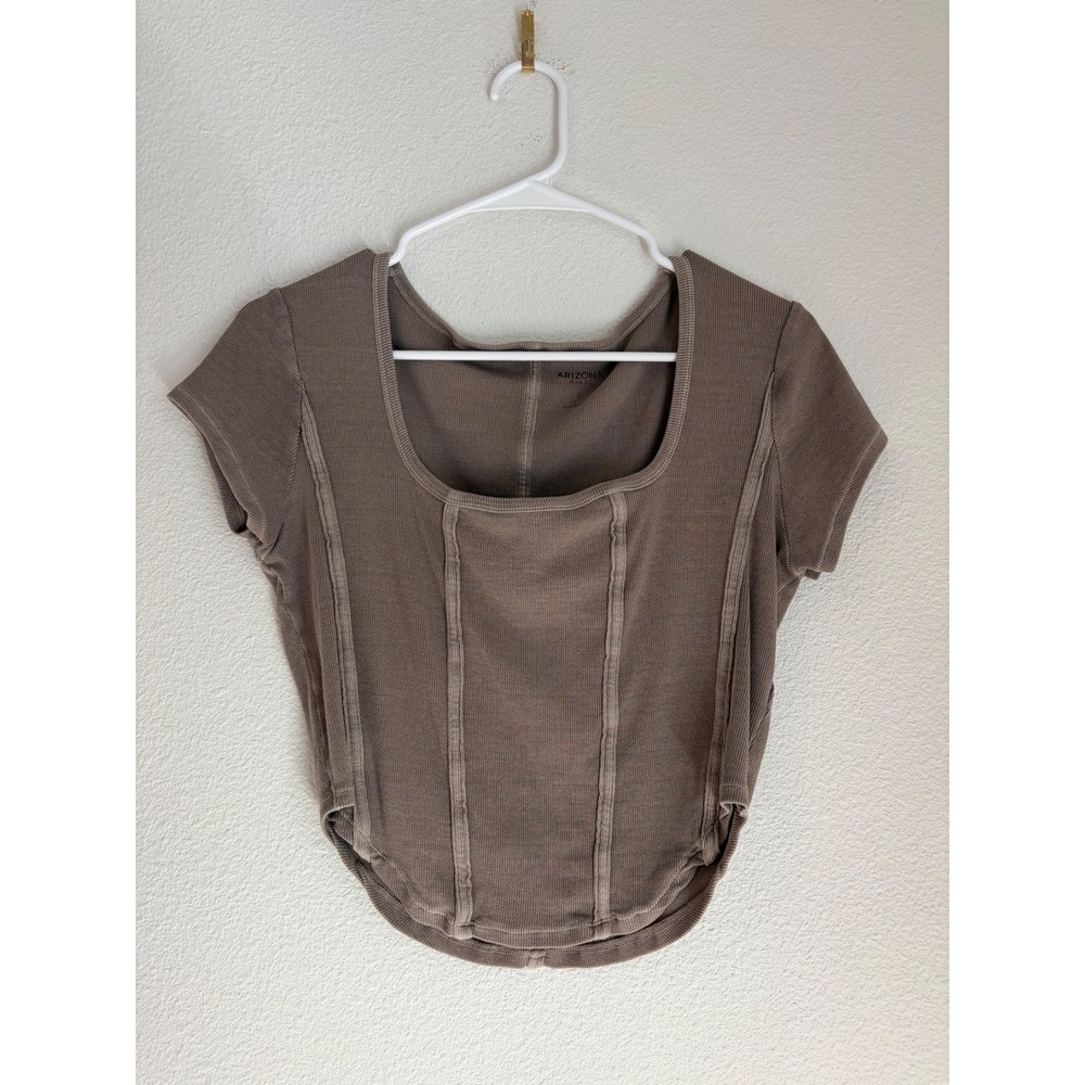 Arizona Jean Co Brown‎ Ribbed Corset Seam Curved Hem Scoop Neck Crop Top Large